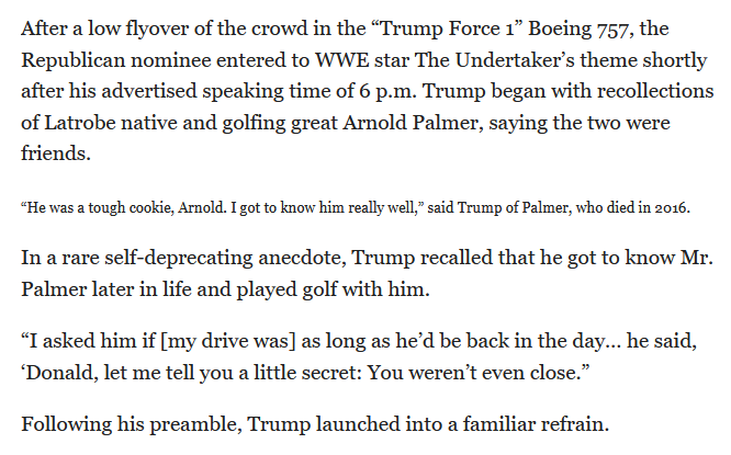 CPotterPgh's tweet photo. LOLOL it now appears that the Post-Gazette  has DELETED the lone reference its coverage had to Trump's dick joke.  Gone is a vague allusion to an "off-color" joke that I saw in the story last night. Instead we now get this. https://t.co/zZVjQy6QKW