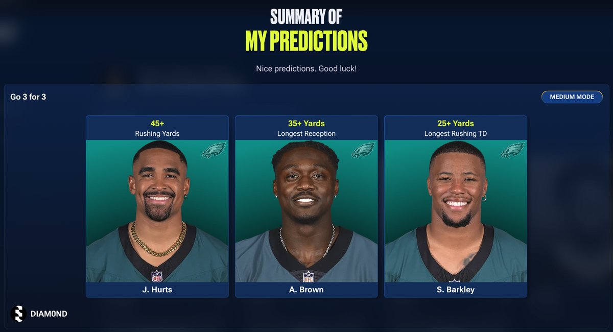 NFL All Day Pack Giveaway 🏈

❤️ Like &amp; Retweet
🔗 nflallday.com/predict
⭐️ Enter in a full submission for either Easy (Common+), Medium (Rare+), or Hard (Legendary+) today, and post it below just like my screenshot for a chance at winning a fresh airdropped NFL All Day pack!