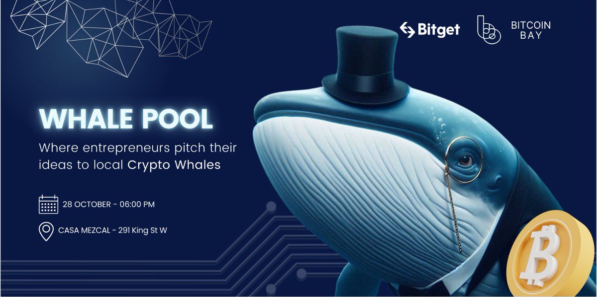 🦈 Whale Pool: Toronto's hottest crypto pitch night! 🚀 Watch entrepreneurs swim with the whales on Oct 28, 6PM  Casa Mezcal. Hosted by <a href="/TheBitcoinBay/">Bitcoin Bay</a> @bitgetglobal 
Don't miss the splash! Register: meetup.com/the-bitcoin-ba…
#WhalePool #TorontoCrypto