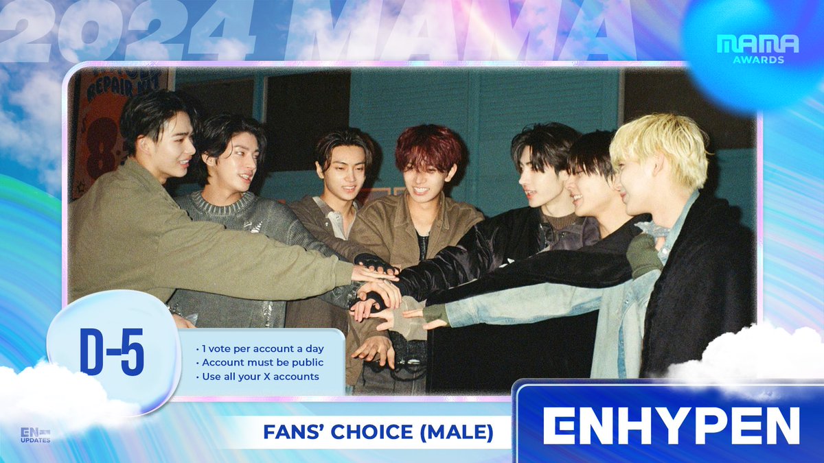 enhypenupdates's tweet photo. [ 2024 MAMA VALID VOTE | D-5 ]

For Fans' Choice (Male):
▶️ RT this tweet
▶️ Vote on the MNET PLUS app with ALL your accounts and devices

@ENHYPEN_members @ENHYPEN #2024MAMAVOTE #enhypen https://t.co/hc8DlhUZ69