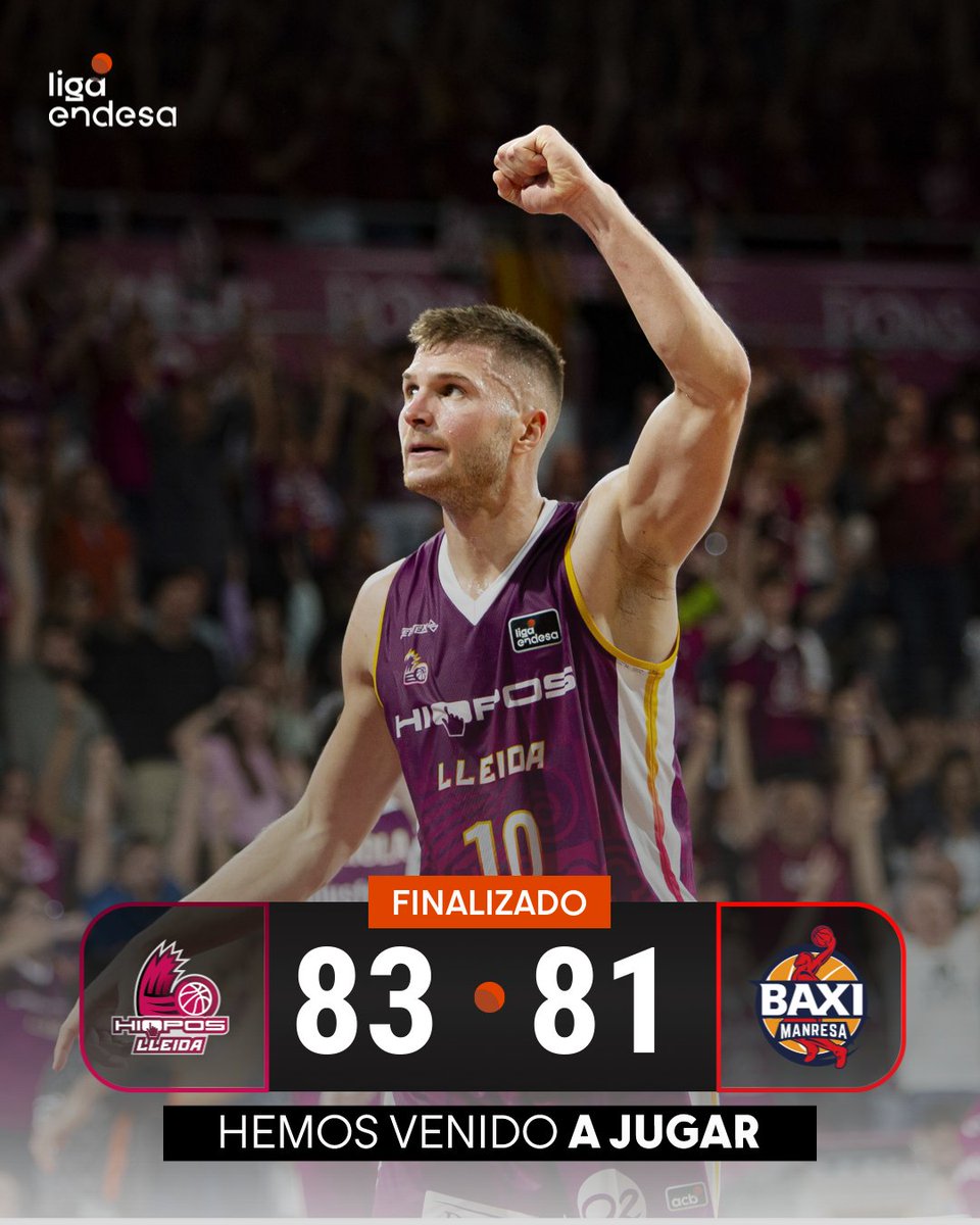 ACBCOM's tweet photo. Hiopos Lleida consigue su primera victoria en la #LigaEndesa tras vencer a BAXI Manresa y lo hace ante su afición en Barris Nord. 

8⃣3⃣ Hiopos @flleida 
8⃣1⃣ BAXI @BasquetManresa 

#ConectaConTuPasion https://t.co/2DrD2siGbK