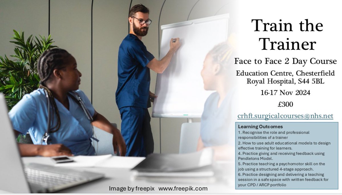 Mark Bagnall PhD FRCS (@markbagnallsurg) on Twitter photo Last few places available on Training the Trainer for NHS Doctors course <a href="/royalhospital/">Chesterfield Royal Hospital NHS FT</a>
Nov 16-17
2 day face to face
High quality faculty
Experienced #MedEd
crhft.surgicalcourses@nhs.net Last few places available on Training the Trainer for NHS Doctors course <a href="/royalhospital/">Chesterfield Royal Hospital NHS FT</a>
Nov 16-17
2 day face to face
High quality faculty
Experienced #MedEd
crhft.surgicalcourses@nhs.net