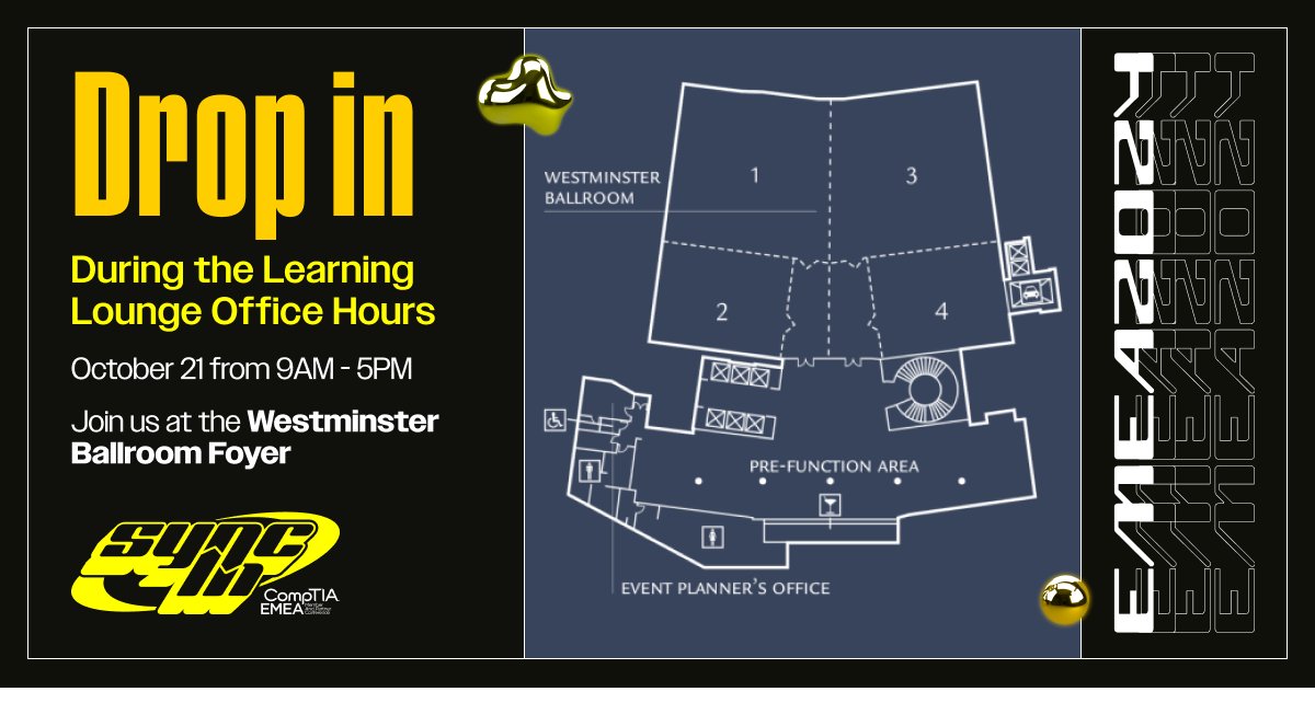 Tomorrow at #EMEAcon: Connect with CompTIA and network with industry experts when you drop in during the Learning Lounge Office Hours. Drop in anytime 10/21 between 9:00 AM and 5:00 PM in the Westminster Ballroom Foyer.