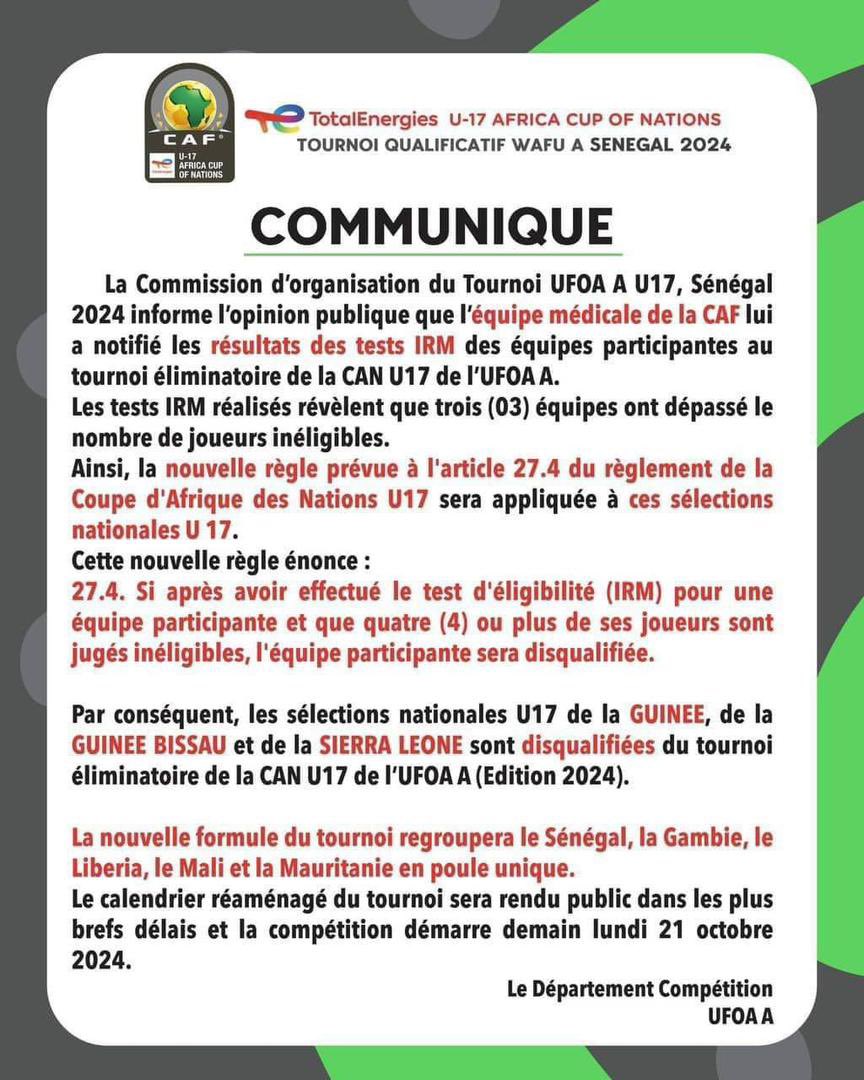 FOOT_224's tweet photo. 🚨 LA GUINÉE DISQUALIFIÉE DU TOURNOI UFOA A U-17 POUR PROBLÈME LIÉ AUX TESTS IRM

#FOOT224 https://t.co/euqt3UjikW