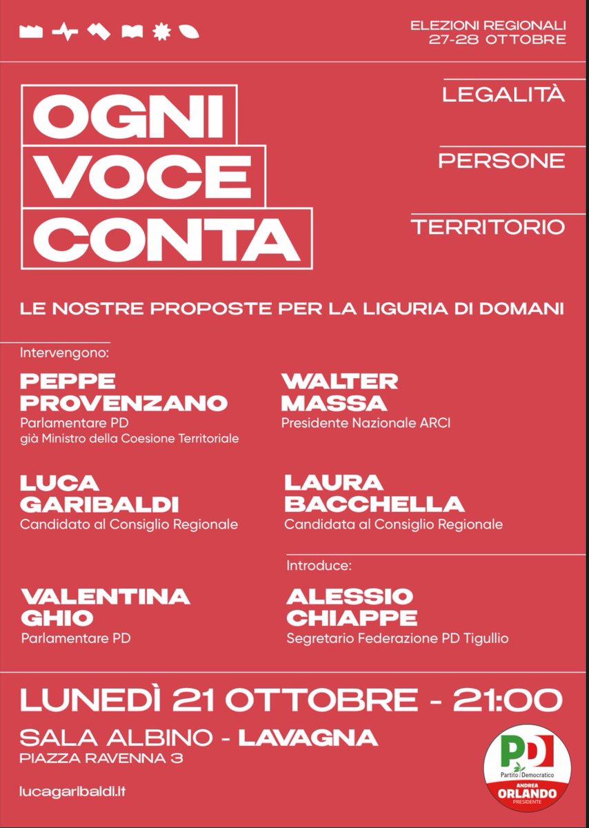 📅 Lunedì 21 alle 21 a Lavagna parleremo di lotta alle mafie, di aree interne, del ruolo dell’associazionismo nella tenuta delle comunità.

🗣 Lo faremo con <a href="/peppeprovenzano/">Peppe Provenzano</a>, @waltermassa72, <a href="/ValentinaGhio2/">Valentina Ghio</a> e Laura Bacchella.

🚩 Non mancate e condividete l’invito! 🚩