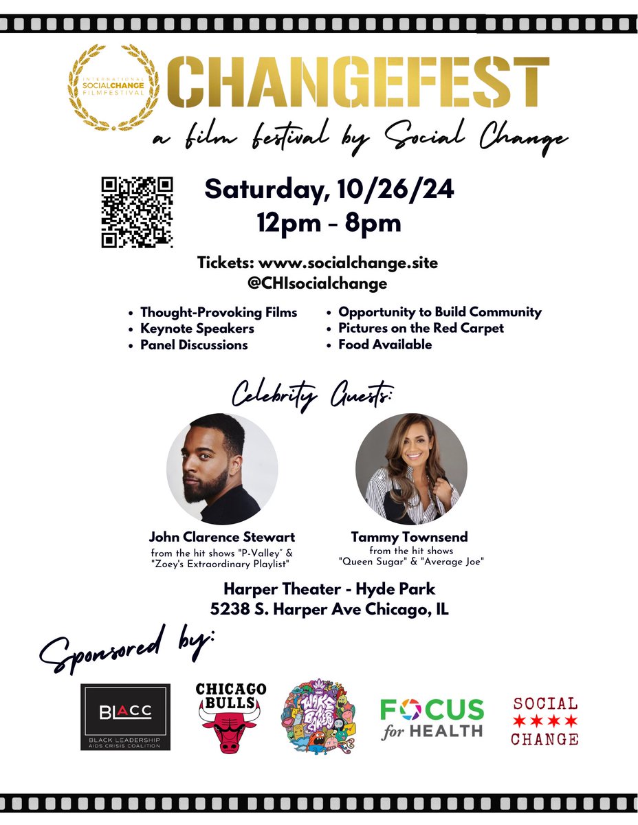 chisocialchange's tweet image. ⭐️SATURDAY⭐️ Don’t miss out on this year’s #ChangeFest, happening THIS Saturday, October 26th at the Harper Theater in Chicago! 🎥✨ 

🎟️ socialchange.site