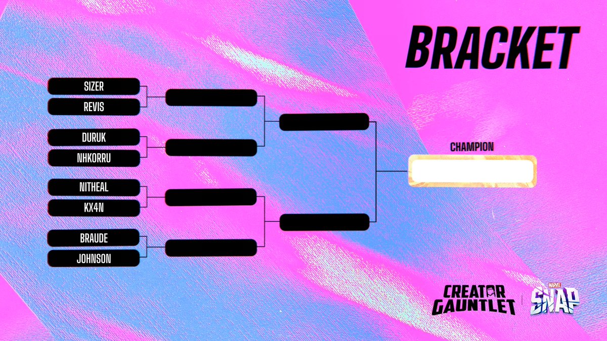 Today I'm hosting the finals w/ <a href="/ninaisnoob/">ninaisnoob</a> for the @MarvelSnap Creator Gauntlet. These 8 creators have made through the open qualifiers, and won out in the round of 32 to make it to the final day. Who do you think is going to win it all?