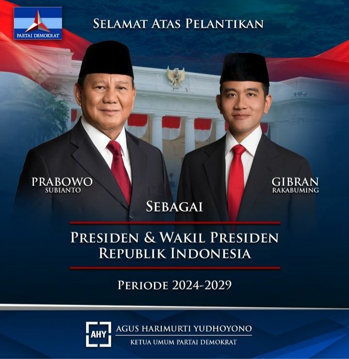 Hari ini kita memasuki babak baru dalam sejarah estafet kepemimpinan Bangsa.

DPC Partai Demokrat Kabupaten Bone 
Mengucapkan selamat atas pelantikan Presiden Republik Indonesia Pak Prabowo dan Wakil Presiden Republik Indonesia Bapak Gibran Raka Buming