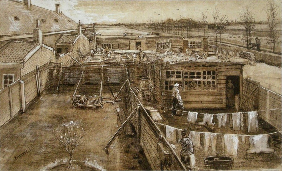Vincent van Gogh (1853 - 1890) Carpenters Yard &amp; Laundry, 1882  It shows the view from his studio window on the first floor of his house on the Schenkweg in The Hague.