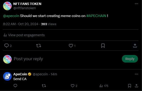 nftfanstoken's tweet photo. Buy MEME COINS ON APE CHAIN INSTEAD OF $APE 

Such as $NFTAPE 

#NFTCHAIN

AIRDROPS WILL BE OPEN SOON 

STAY TUNED AT @nftfanstoken for $NFTAPE TOKEN! https://t.co/me6VCxjXru