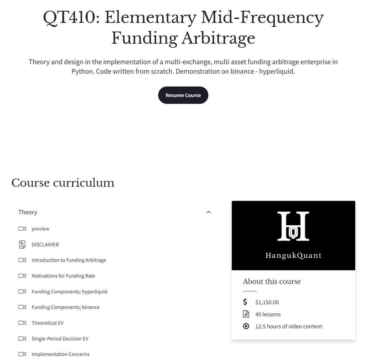 HangukQuant's tweet photo. ❤️ Elementary Mid-Frequency Funding Arbitrage ❤️
has been released. 40 lectures, 13~ hours of implementing a perpetual funding arb bot from scratch in Python. The what-abouts are in the preview lecture itself-
https://t.co/LySHHG3o7R

Gonna be doing giveaways for a handful of quantitative trading (QT) lectures from the catalogue for shares/rts. As always, thankful-

Also - if you have been a reader for awhile/have had some (meaningful) interactions in the past, you can reach out to me if you need differentiated pricing due to financial circumstance. This is the community itself from which I learnt most. quantpylib itself was inspired by my own readers who handed me the torch of the code they wrote on my articles.

-much love