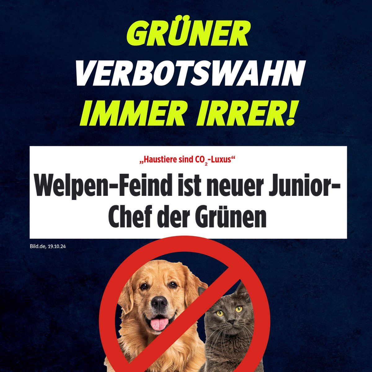 Der Verbotswahn der Grünen wird immer irrer! Der Vorsitzende der Grünen Jugend, Jakob Blasel, hält Haustiere für "CO2-Luxus" und möchte diese verbieten. Für uns ist klar: Das geht gar nicht! Fahrverbote, Heizverbote, Flugverbote… Wenn es nach den Grünen geht, wäre diese Liste