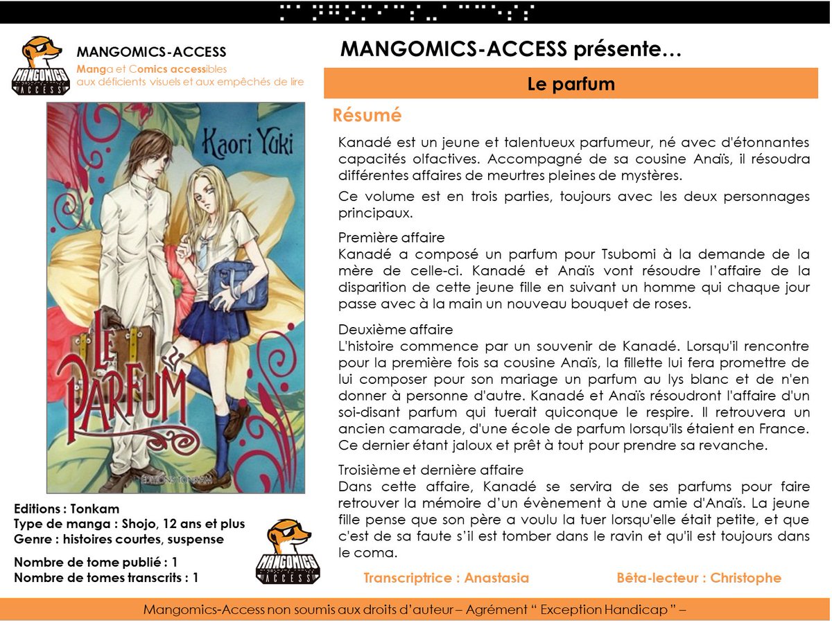 Le parfum ou comment mettre son nez partout ! 
Découvrez ce oneshot disponible gratuitement sur Mangomics-Access.fr 📖
#dys #aveugle #DV #manga #lecturepourtous