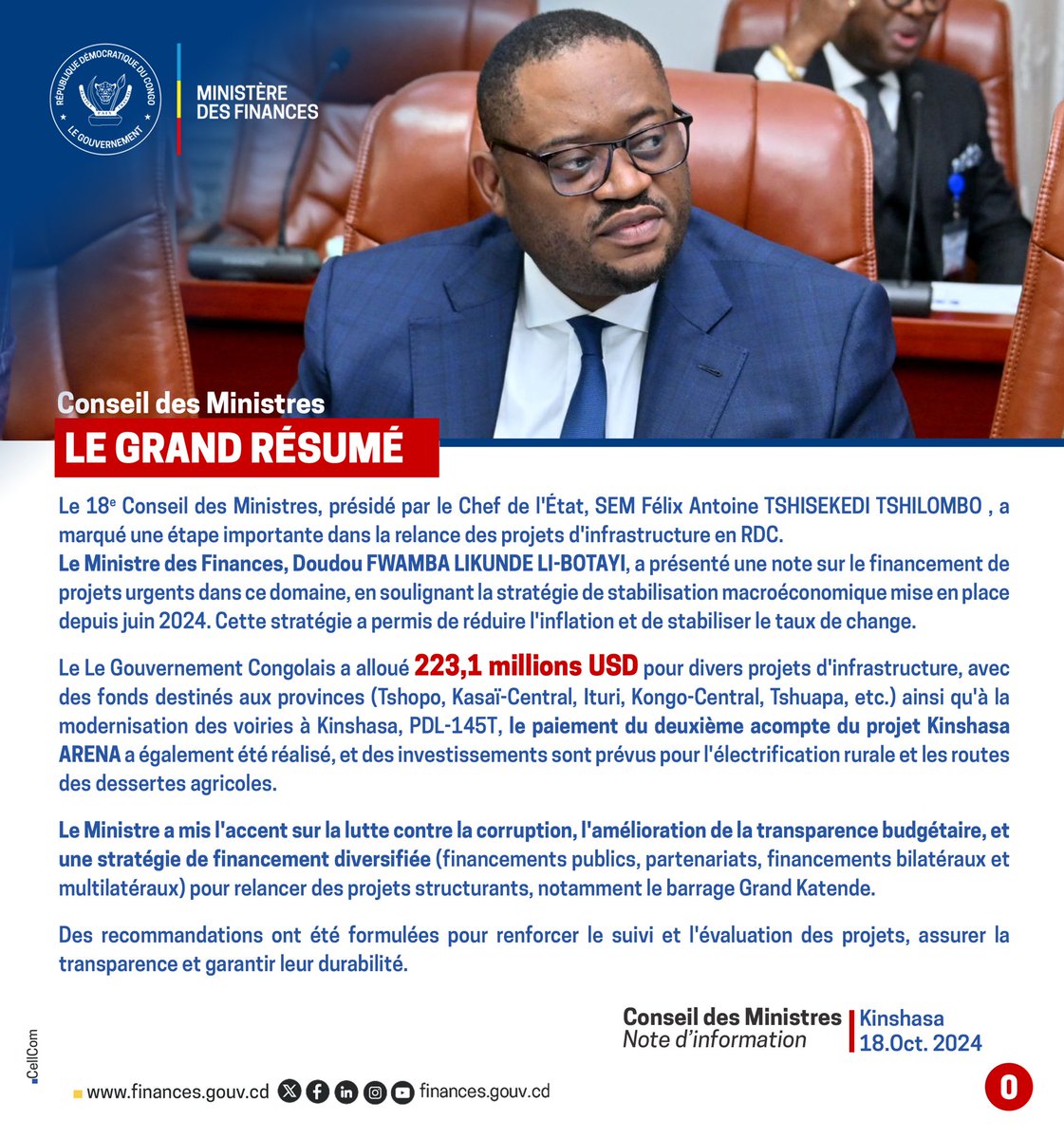 financesrdc's tweet photo. #Thread  | #ConseilDesMinistre 

‼️ 𝐋𝐞 𝐆𝐨𝐮𝐯𝐞𝐫𝐧𝐞𝐦𝐞𝐧𝐭 𝐜𝐨𝐧𝐠𝐨𝐥𝐚𝐢𝐬 𝐚𝐥𝐥𝐨𝐮𝐞 𝟐𝟐𝟑,𝟏 𝐦𝐢𝐥𝐥𝐢𝐨𝐧𝐬 𝐔𝐒𝐃 𝐩𝐨𝐮𝐫 𝐥𝐚 𝐫𝐞𝐥𝐚𝐧𝐜𝐞 𝐝𝐞𝐬 𝐩𝐫𝐨𝐣𝐞𝐭𝐬 𝐝’𝐢𝐧𝐟𝐫𝐚𝐬𝐭𝐫𝐮𝐜𝐭𝐮𝐫𝐞

#RDC | Lors de la 18ème réunion ordinaire du Conseil des Ministres, présidée le 18 octobre 2024 par le Président de la République, SEM Félix Antoine Tshisekedi Tshilombo, une étape décisive a été franchie dans la relance des projets d’infrastructure en RDC. Le Ministre des Finances, Doudou Fwamba @LikundeR Li-Botayi, a présenté une note d’information sur le financement des projets d’infrastructure urgents, soulignant l’importance de la stabilisation macroéconomique, mise en œuvre depuis juin 2024, et son rôle central dans la reprise des investissements.

Cette stratégie de stabilisation a permis de stabiliser le taux de change, de maîtriser l’inflation et d’améliorer la gestion des finances publiques, tout en renforçant la transparence et la lutte contre la corruption. 
Grâce à ces mesures, le Gouvernement Congolais a alloué 223,1 millions USD à divers projets d’infrastructure, incluant des investissements dans les provinces (Kasaï-Oriental, Tshopo, Kasaï-Central, Ituri, Kongo-Central, Tshuapa et autres), ainsi que des fonds pour la modernisation des voiries de Kinshasa, le programme PDL-145T, l’électrification rurale, les routes des dessertes agricoles, et le deuxième acompte du projet #Kinshasa_ARENA.

Le Ministre a également mis l’accent sur l’importance d’une stratégie de financement diversifiée, incluant des financements publics, des partenariats, et des appuis bilatéraux et multilatéraux pour des projets structurants, tels que le barrage de Grand Katende. 

Des recommandations ont été formulées pour assurer un suivi rigoureux, garantir la transparence et renforcer la durabilité des projets financés. 

@Presidence_RDC @PrimatureRDC @fatshi13 @SuminwaJudith 

Ces graphiques permettent de visualiser l’allocation des 223,1 millions USD par secteur et province, mettant en évidence les priorités du gouvernement pour la relance des infrastructures en RDC. ⤵️ 1/5