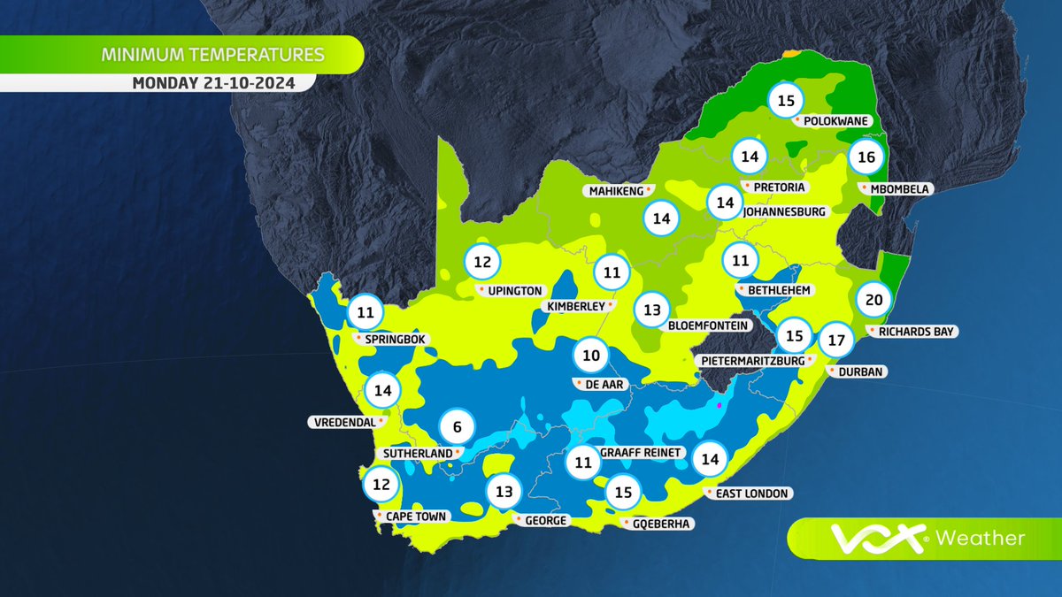 VoxWeatherZa's tweet photo. WEATHER MAPS and WARNINGS for this MONDAY – 21 October 2024

For a more in-detail forecast watch Meteorologist Annette Botha LIVE at 6pm on Vox Weather

#Voxweather #hot #rain #thunderstoms https://t.co/RiaFTu1fIB
