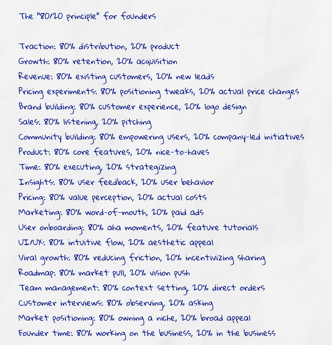 The "80/20 principle" for founders

Traction: 80% distribution, 20% product
Growth: 80% retention, 20% acquisition
Revenue: 80% existing customers, 20% new leads
Pricing experiments: 80% positioning tweaks, 20% actual price changes
Brand building: 80% customer experience, 20%