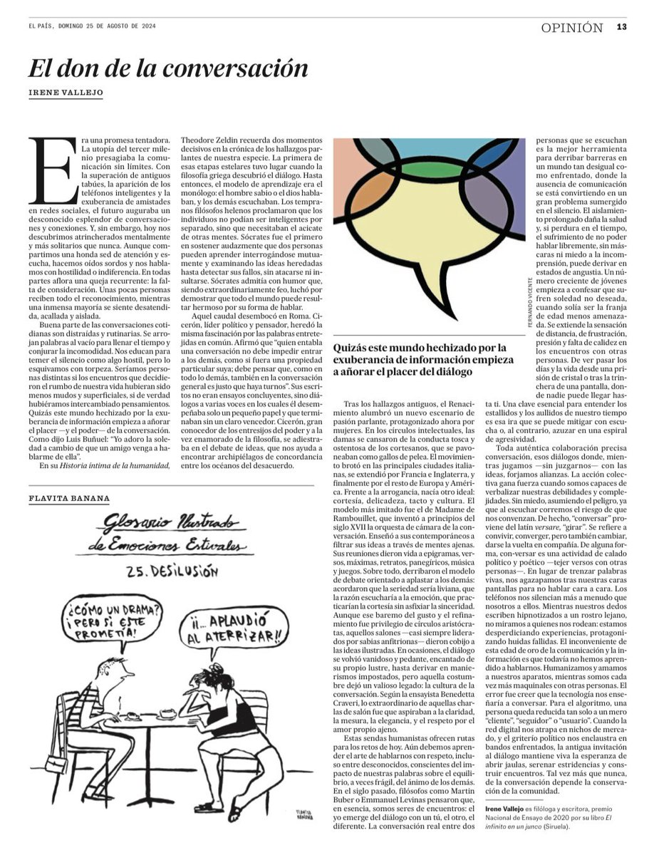 BarbaraMalda's tweet photo. «Hoy nos descubrimos atrincherados mentalmente y más solitarios que nunca. Aunque compartimos una honda sed de atención y escucha, hacemos oídos sordos y nos hablamos con hostilidad o indiferencia», escribe @irenevalmore  en este genial artículo que es una oda a la conversación. https://t.co/QsSyy7F9tA