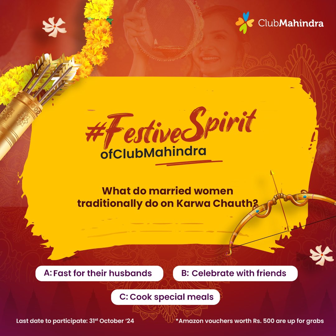 #ContestAlert  5 of 15 Participate in all #FestiveSpiritofClubMahindra 
STEPS 1) Commenting using #FestiveSpiritofClubMahindra &amp; tagging 4 friends &amp; <a href="/clubmahindra/">Club Mahindra</a> is mandatory​​ 2)Participate in all 15 contest posts. Winners get Amazon vouchers worth INR 500 each.