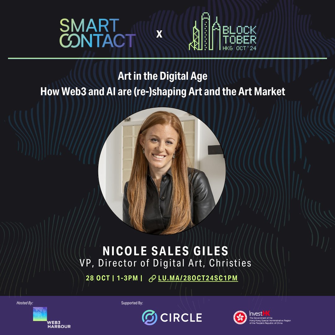 web3harbour's tweet photo. 📣 Join us on 28 Oct for a deep dive on art in the digital age with @ChristiesInc's @nicoleasales. This @BlocktoberHK event explores how Web3 and AI are (re-shaping) the art market. 🎨💡
Register now: https://t.co/wp6DUTlvVe 

#Web3 #NFTs #DigitalArt #SmartContact #Blocktober24 https://t.co/88Fh69Ay8f