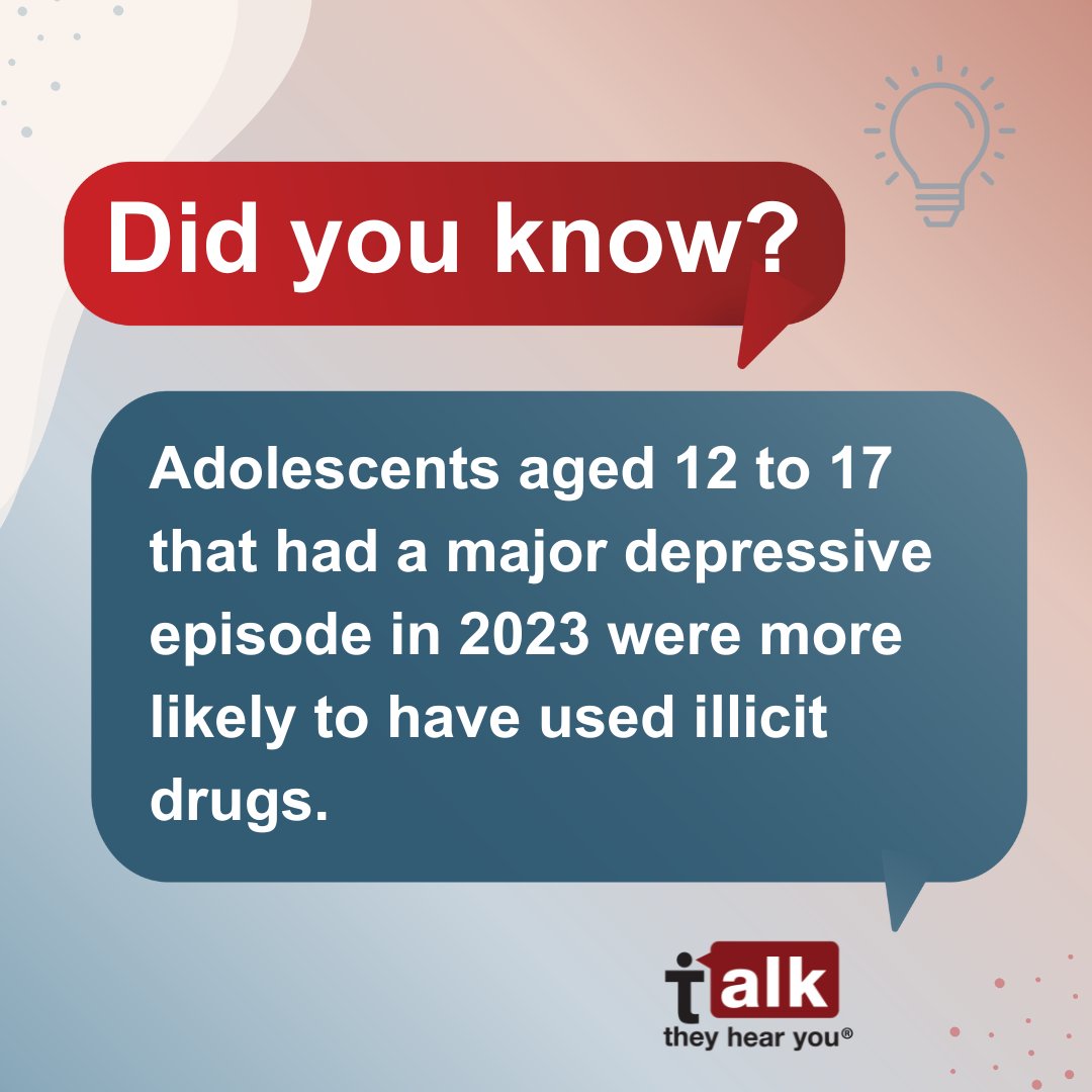 samhsagov's tweet photo. October is #SubstanceUsePreventionMonth! 🛑 Adolescents aged 12 to 17 that had a major depressive episode in 2023 were more likely to have used illicit drugs. Start the conversation early with your kids. 💬
https://t.co/zqAM6xHy15
#TalkTheyHearYou #TTHY https://t.co/lm81kTBa1v