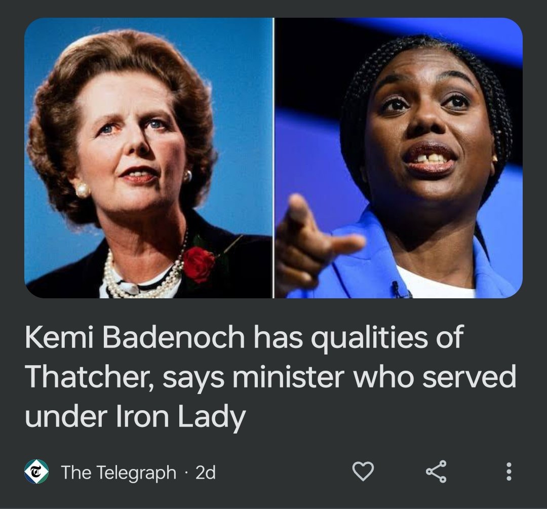 Nah!

Both Badenoch and Jenrick are useless. Over promoted like Truss.

Love her of hate her, Thatcher was competent.