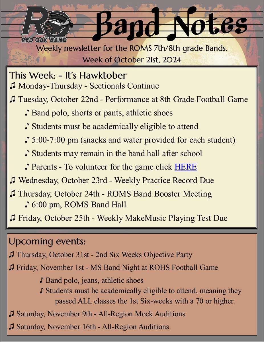 RedOakMSBand's tweet photo. See below for this week's newsletters. Hope to see you Thursday at 6:00 pm for our next Band Booster Meeting. https://t.co/HrvNSKKdle