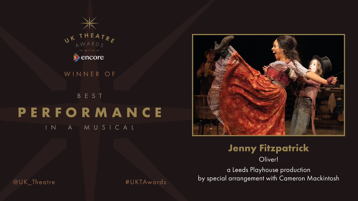 The winner of the UK Theatre Award for Best Performance in a Musical is Jenny Fitzpatrick for Oliver!, a Leeds Playhouse production by special arrangement with Cameron Mackintosh.

#UKTAwards