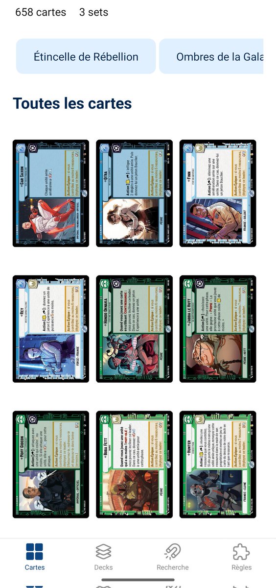 MrBrounch's tweet photo. J'ajoute encore les dernières cartes du set 3 révélées au compte-gouttes, je fais 2-3 modifs pour que ce soit accepté sur Android, et une première version avec la fonction de recherche arrive ! (Celle de deck building démarre tout juste 😉)
#starwarsunlimited https://t.co/9LraPqHt2m