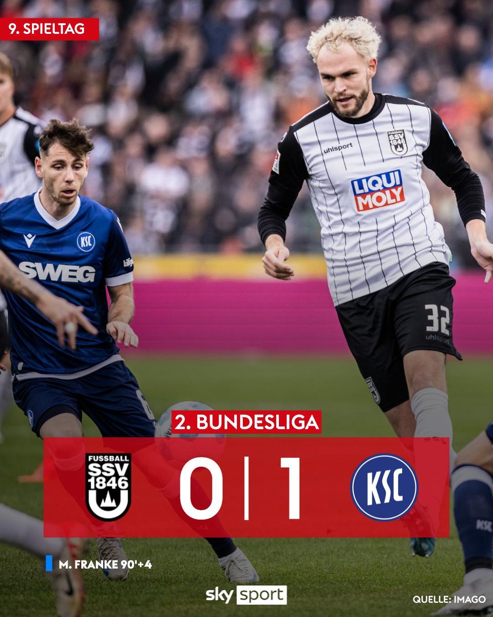 SkySportDE's tweet photo. IST DAS KRASS! Lange sieht es nach einem Remis aus, dann aber der Lucky Punch in der letzten Minute. Ganz bitter für die Spatzen!⚽😱
#SkyBundesliga2 #ULMKSC https://t.co/APhfQ59RvI