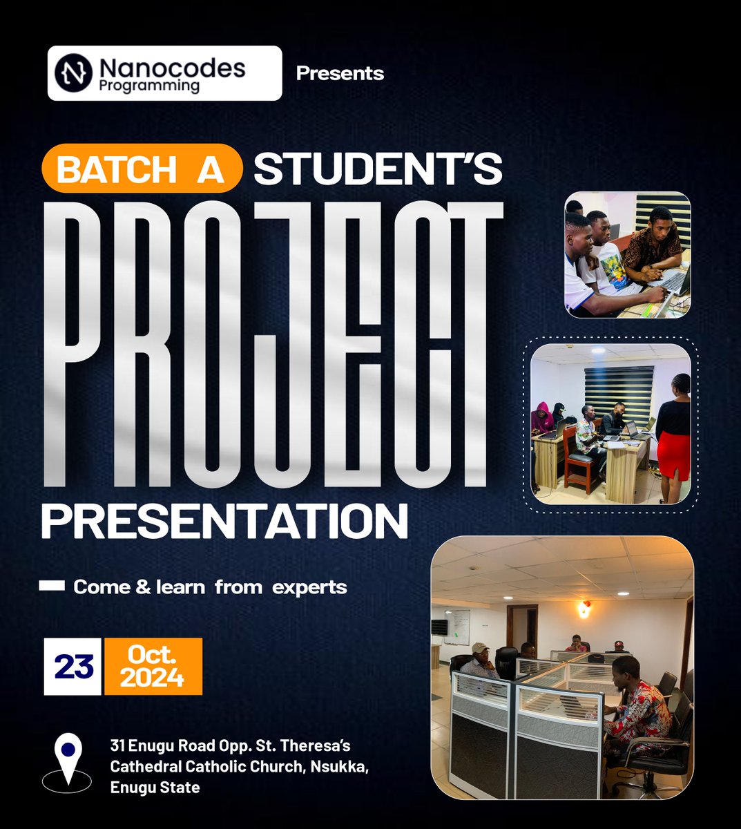 Nanocodes11's tweet photo. 🚀 Exciting times ahead! Join us for Nanocodes Batch A Student's Project Presentation on Oct 23, 2024. Come and learn from experts as future tech leaders showcase their skills. 31 Enugu Road, Nsukka.
#CodingCommunity #ProjectPresentation #TechInnovation #NanocodesProgramming https://t.co/NgRwQXIhEF