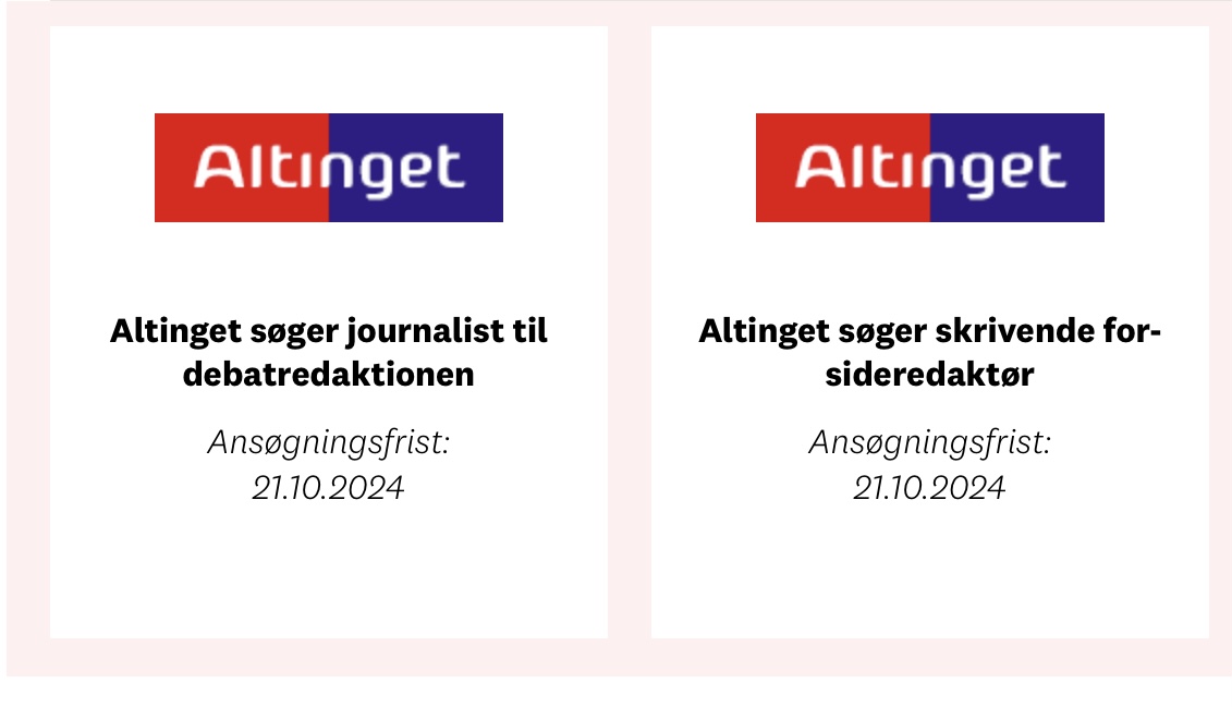 SigneLoentoft's tweet image. Kom og bliv min kollega. Altinget har to jobopslag på Mediajob lige nu - ansøgningsfrist mandag #dkmedier