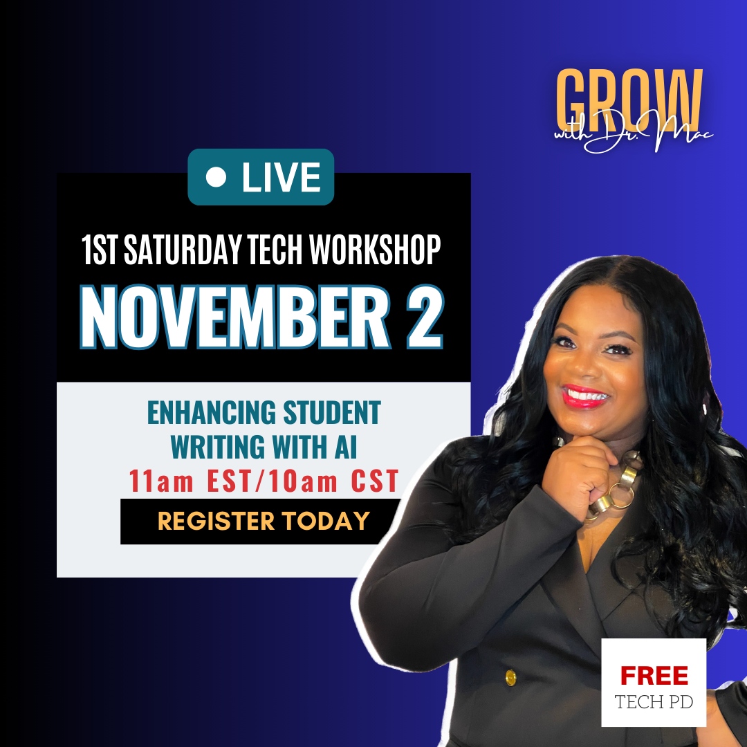 DrJEMcDonald's tweet photo. 📢 Attention teachers! Our November 2 Tech Workshop will show you how to enhance student writing with AI tools. Don’t miss it—register now: https://t.co/jXIP1eO3df 💡💻 #AIInEducation #WritingSuccess #TechItUp https://t.co/PhFCz3tJNs