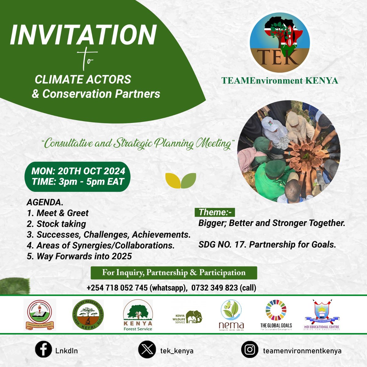 INVITATION!!!... CLIMATE ACTORS &amp; CONSERVATION PARTNERS.
MONDAY:- 21st OCTOBER
VENUE:- meet.google.com/jxu-nanr-cdj
TIME:- 3.00pm to 5.00pm
#ClimateAction
#15BillionTrees
#KeepKenyaBreathing
#TEK CSR
