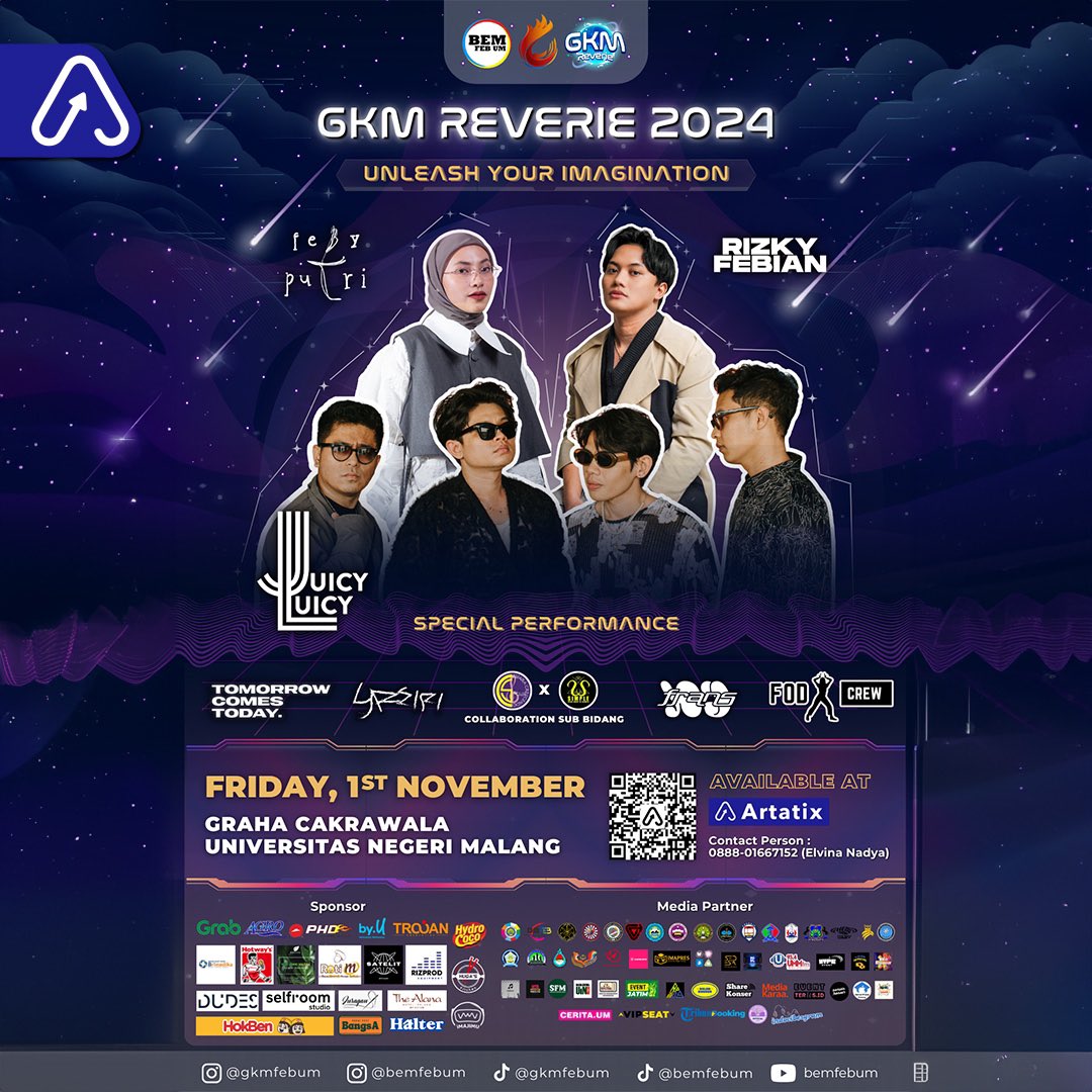 <a href="/gkmfebum/">Gebyar Kreativitas Mahasiswa</a> kembali hadir!

Pastikan kalian menyaksikan keseruan GKM Reverie yang turut dimeriahkan oleh <a href="/juicyluicyband/">JUICY LUICY</a>, @fbyputrinc, dan <a href="/rizkyfbian/">rizky febian</a> pada 01 November 2024 di Graha Cakrawala UM, Malang.