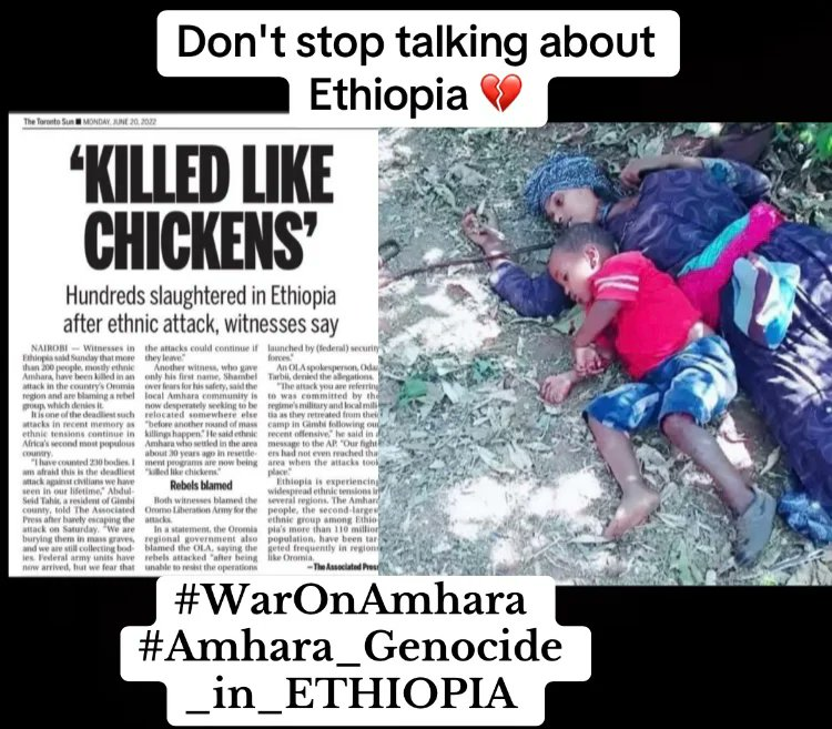 AbrarSuleiman's tweet photo. ተጀምሯል
#Amharagenocide is routine!

#Amhara are not safe anywhere in #Ethiopian 
#Amhara are being arrested in mass all over #Ethiopia.
They are killed every day in a full-fledged war in Amhara region.
#Wellega, #Oromia region, is the epitome of #Amharagenocide
@hrw 
@amnesty https://t.co/eoVe0rf8Wa