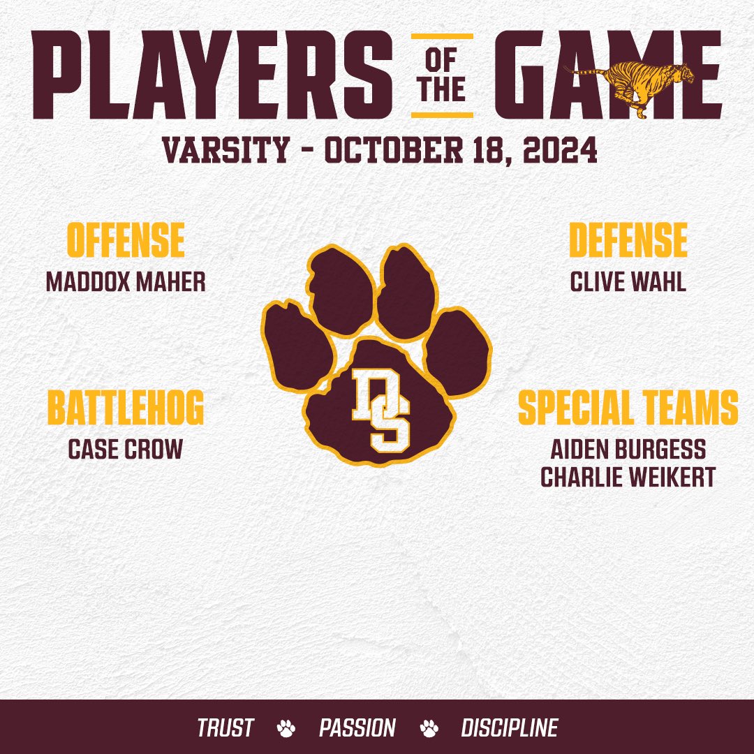 DripFB's tweet photo. Congrats to our Varsity ⭐️Players of the Game⭐️ against Lake Travis. 

#dripfootball #drippingsprings #tigers #playerofthegame #txhsfb https://t.co/E3PaRr7pki