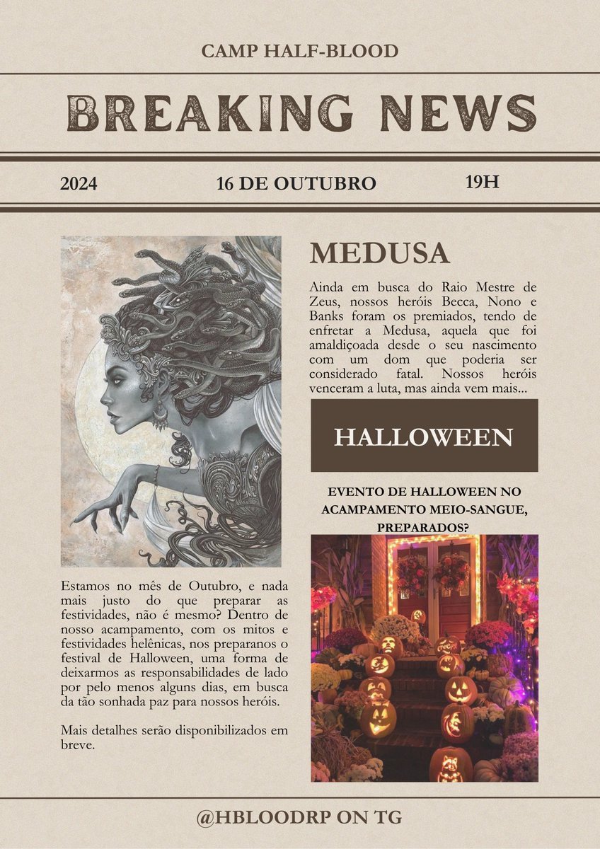 HBLOODRP's tweet photo. ᅟᅟ
                ᅟ𝗡𝗢𝗧𝗜𝗖𝗜𝗔́𝗥𝗜𝗢 : 𝐂𝐇𝐁
                   Medusa e Halloween

Tw : cabeça com cobras.
                ᅟᅟ https://t.co/ndyyCM4wm7