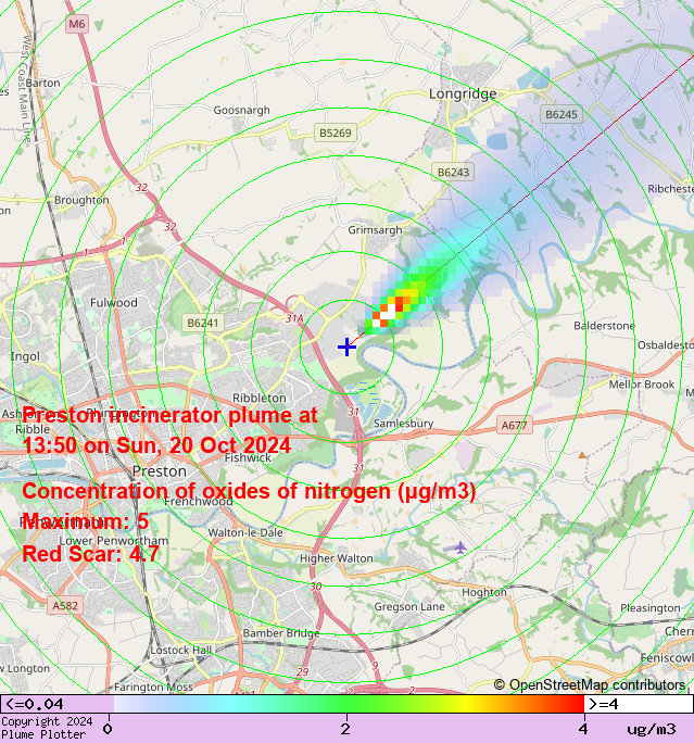 plumeplotter's tweet photo. Latest Preston incinerator plume plot, 13:50 20/10/24 #RedScar https://t.co/vYUTMnLQDm https://t.co/rRBI1Fsnj2