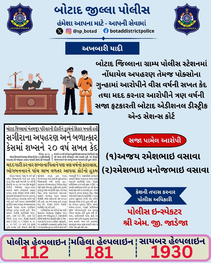 kripalsinh707's tweet photo. બોટાદ જિલ્લાના બોટાદ ગ્રામ્ય પોલીસ સ્ટેશનમાં નોંધાયેલ અપહરણ,બળાત્કાર તેમજ પોક્સોના ગુન્હામાં આરોપીને ૨૦ વર્ષની સખત કેદની સજા ફટકારતી બોટાદ એડિશનલ ડિસ્ટ્રિક્ટ એન્ડ સેશન્સ કોર્ટ.
#BotadDistrictPolice 
@sanghaviharsh @dgpgujarat @IGP_BHR_RANGE @GujaratPolice @SP_Botad @InfoGujarat https://t.co/egWwoeoFhJ