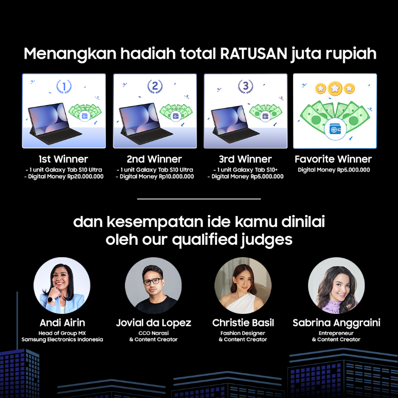 samsungID's tweet photo. RT, like & reply “Mau ikut #GalaxyHackathon #GalaxyTabS10 Series untuk #ExpandWorkPlay” kalau kamu si visioner yang mau dapat HADIAH TOTAL RATUSAN JUTA RUPIAH & unit #GalaxyTabS10 Series! 🥳✨
Submit ide #VisionForTomorrow kamu sekarang juga!
https://t.co/NOn3JfDUGl