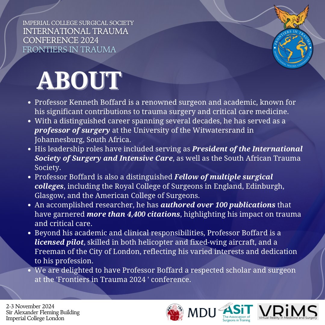 IcsmTrauma's tweet photo. 📣 INTRODUCING Our Patron, Professor Kenneth D. Boffard! 📣

🎫 Buy Your Ticket to Europe’s Biggest Student Led Surgical Conference TODAY - https://t.co/fpa8Mc4jDv 🎫

We are delighted to have our Patron, Professor Boffard, return for another year as a workshop lead for the Case https://t.co/LVbEGUJkWN