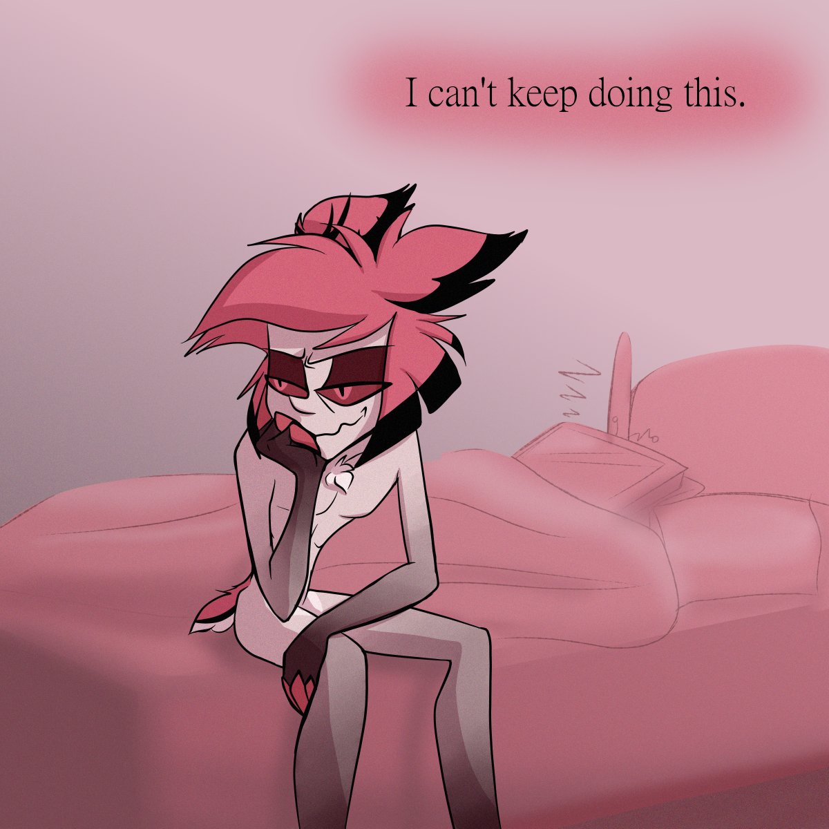 BB_Azurite's tweet photo. Day 7: Morning After
Alastor keeps having sex with Vox and he doesn't know how to handle it.

I wasn't gonna do two of these but the idea wouldn't leave me, also tried something different with the colours and background.
#VoxSwitchWeek #VoxSwitchWeek2024 #RadioStatic #StaticRadio https://t.co/fopAjmZ5pE