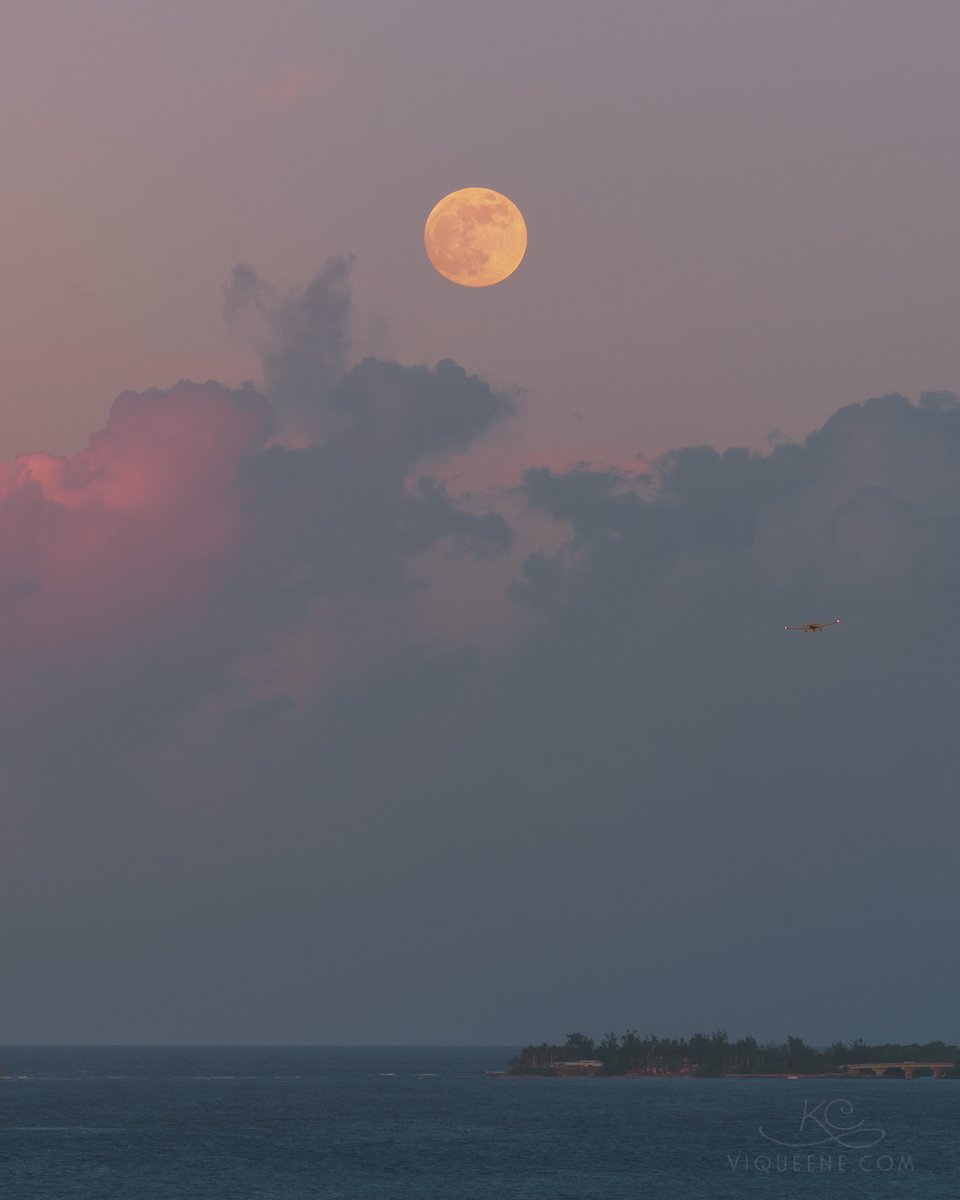 viqueene's tweet photo. A plane flew through just as the almost full moon began its rise over Puerto Rico. The day before the full moon is often the best time to capture it. In true Puerto Rican fashion, the moon had to break through the low clouds before it was fully visible on the horizon. https://t.co/8FHszIMe4T