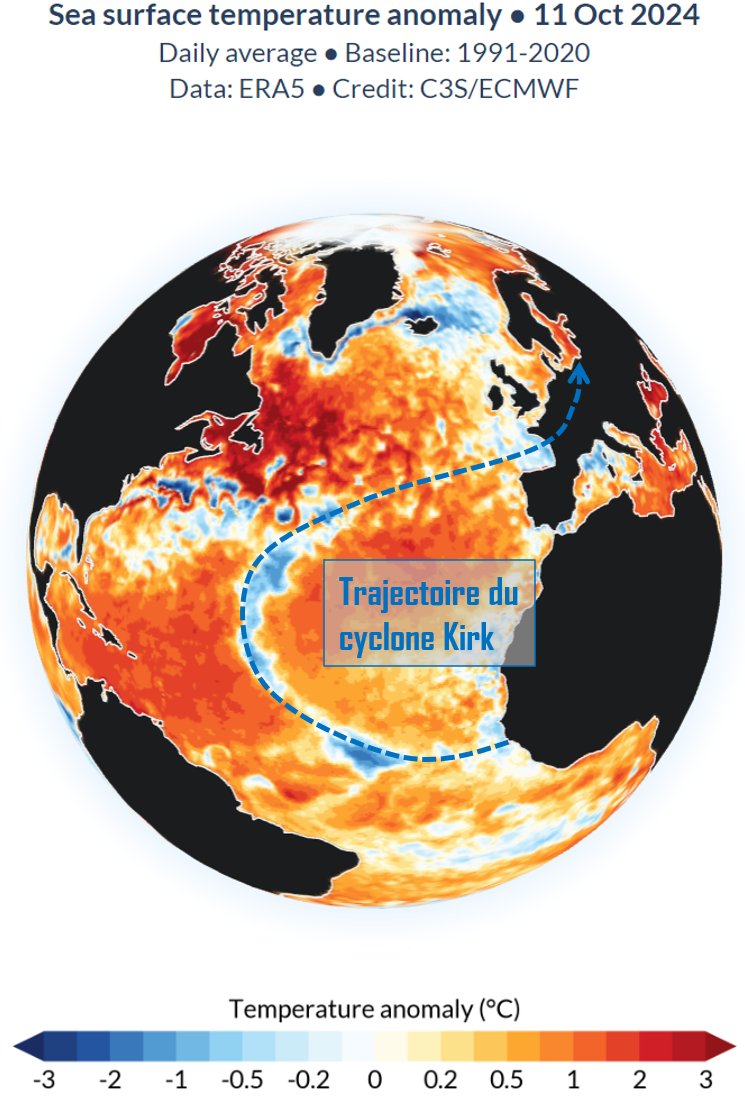 [A partager] Coup de gueule face à la désinformation. Oui, les épisodes pluvieux qui anéantissent nos récoltes sont largement accentués par la hausse des températures.
Il n'y a pas plus révélateur que cette carte de la trajectoire du cyclone Kirk couplée à celle des anomalies de