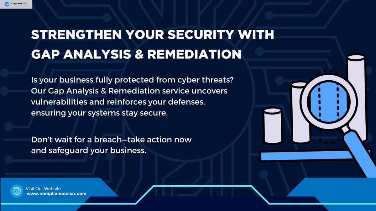 complianceciso's tweet image. Is your business fully protected from cyber threats? 🛡 Our Gap Analysis &amp;amp; Remediation service uncovers vulnerabilities and reinforces your defenses, ensuring your systems stay secure. 🔍#smallbizcompliance #startupsecurity #cybercompliance  #pcicompliance  #GapAnalysis #InfoSec