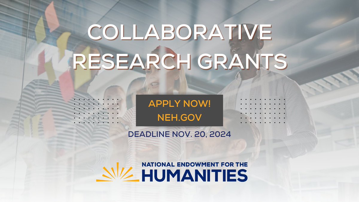 NEH’s Collaborative Research Grants program is accepting applications through Nov. 20, 2024. This program advances humanistic knowledge by supporting teams working together leading to a manuscript for print or a digital product. Read more: bit.ly/3YsGwIG #NEHgrant