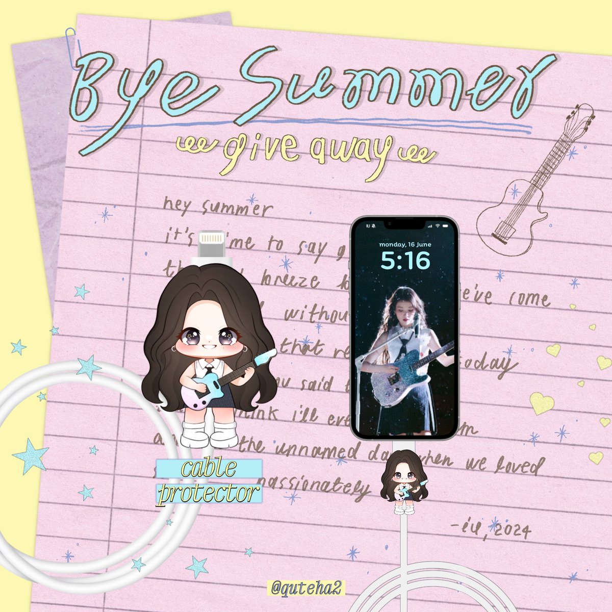 quteha2's tweet image. giveaways ㅡ bye summer , iu 🎸🩵✨

แจกที่ถนอมสายชาร์จลายไอยู bye summer จำนวน 10 ชิ้น ♡♡
* ใช้ได้ทั้ง type-c, lightning น้า

กติกา : รีทวิต, reply รูปไอยูตอนเพอฟอร์ม bye summer ที่ชอบที่สุด! ♡ ꒰੭⸝⸝´˘ '⸝⸝꒱੭ 

#아이유 #유애나 #바이썸머