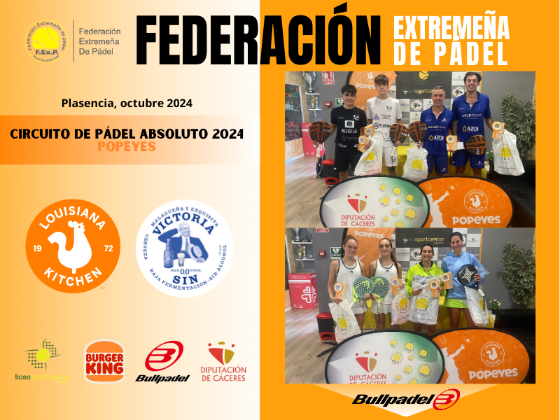 ✅ CLAUSURADA LA 6ª PRUEBA DEL CIRCUITO POPEYES ABSOLUTO EN PLASENCIA 2024

🙌Enhorabuena a todos los campeones y finalistas.

🎾MVP femenino: Ana Morgado
🎾MVP masculino: Kike Matallana

📸📝Podéis ver la noticia y las fotografías del evento aquí: bit.ly/3YuSmSD