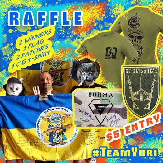 New team Yuri raffle for the super talented Surma team who need an Archer scope. 

🥇Yoda Flag signed by Santa and Vysota, Surma patch, 67 brigade patch
🥈Company Group T-shirt, 67 brigade patch 

$5 🎟️
⏰October 26
💳see chornomorets.notepin.co for payment methods. ☕️ &amp; monobank