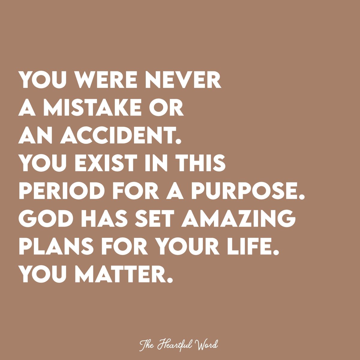 TheHeartfulWord's tweet photo. You were never a mistake or an accident. You exist in this period for a purpose. God has set amazing plans for your life. You matter. 😊🤍 https://t.co/lberzRJUuj